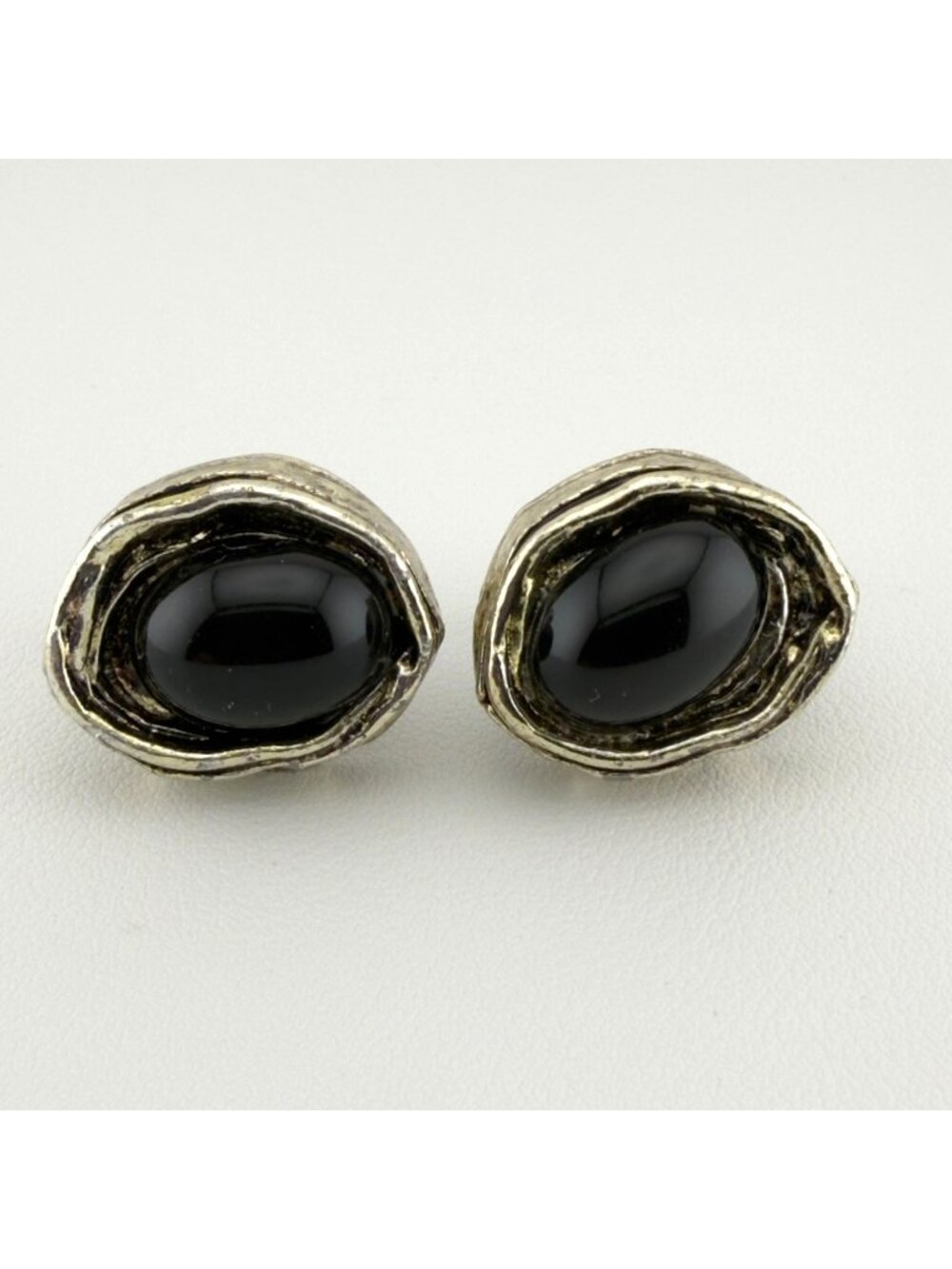 Vintage Chunky Cufflinks Black Oval Stones Retro Brutalist
